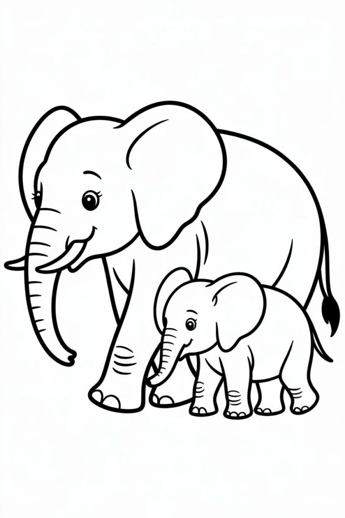 Elephant Mom And Baby Coloring Page