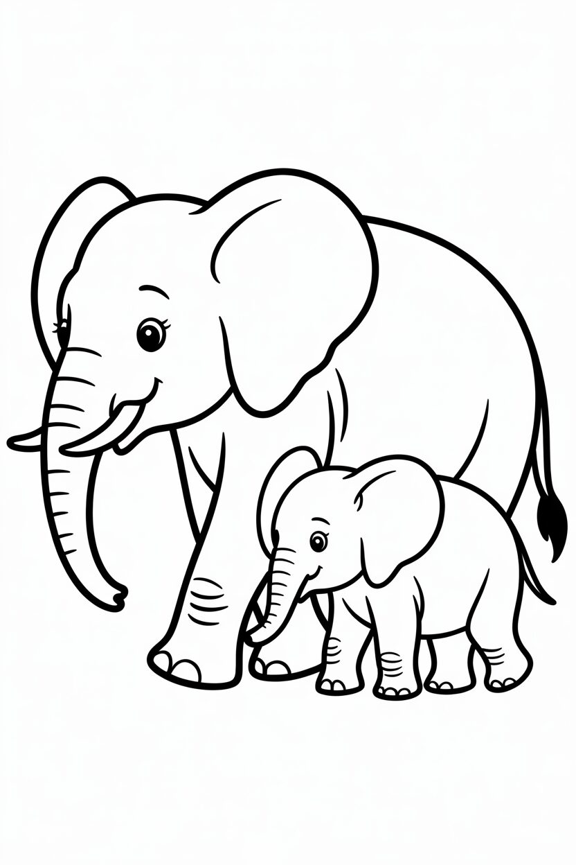 Elephant Mom And Baby Coloring Page