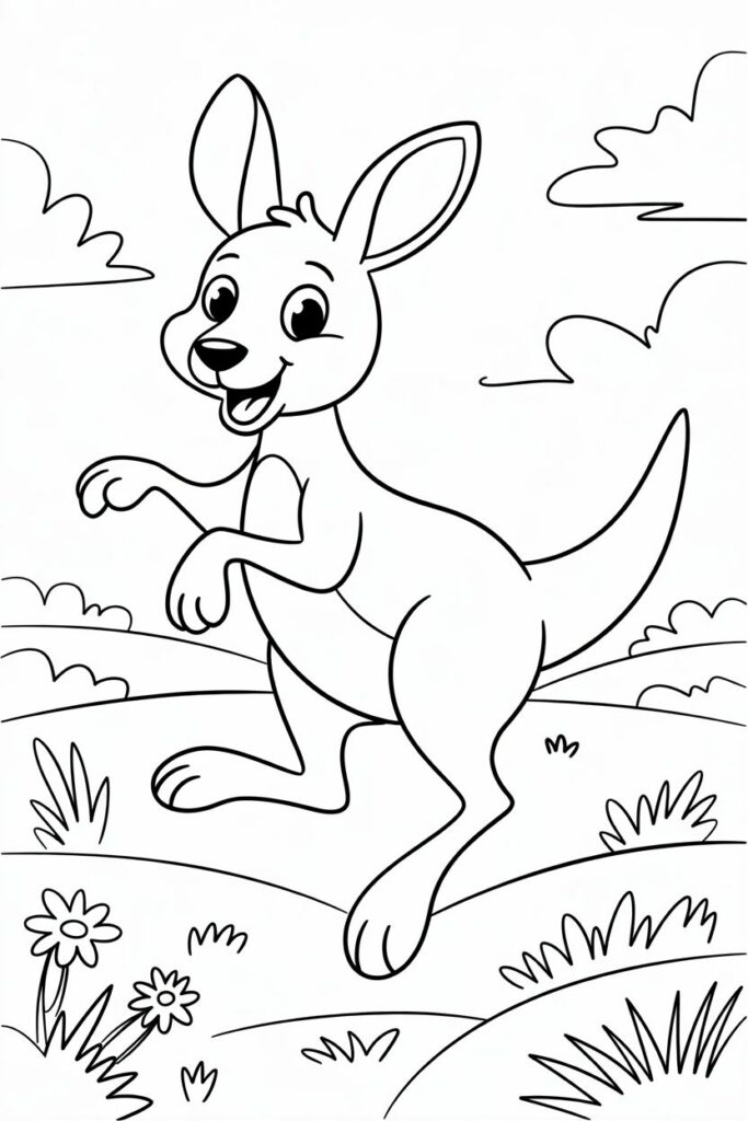 Playful Kangaroo in the Field Coloring Page