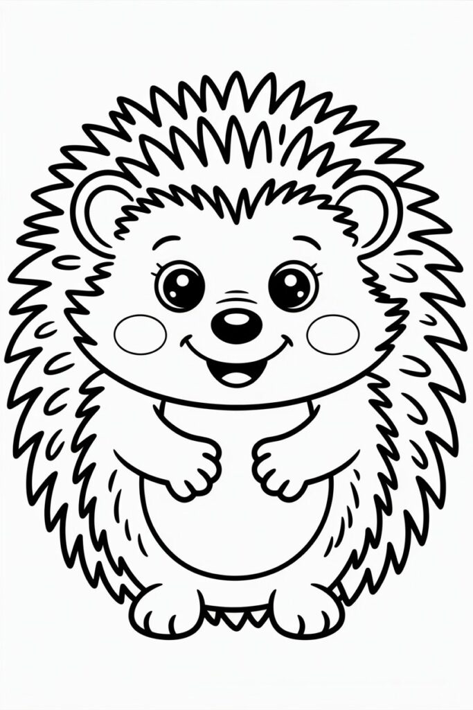 Happy hedgehog smiling coloring page, clean outlines, no shading, easy for children.