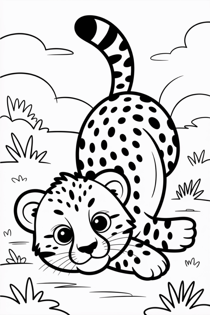 Playful cheetah cub rolling on the ground, fun and easy coloring page for kids.