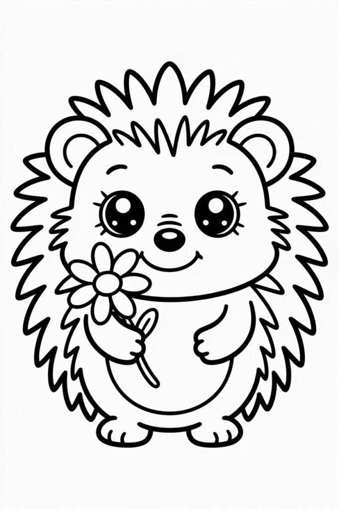 Cute kawaii hedgehog holding a flower, simple line art for kids to color easily.