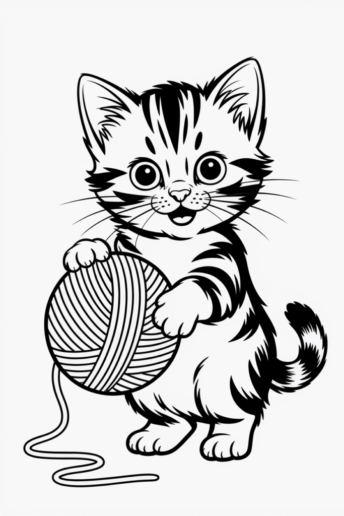 Playful kitten holding a yarn ball – fun and easy cat coloring page.
