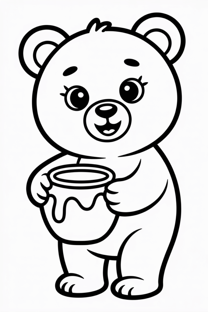 Smiling teddy bear with dripping honey jar outline drawing.