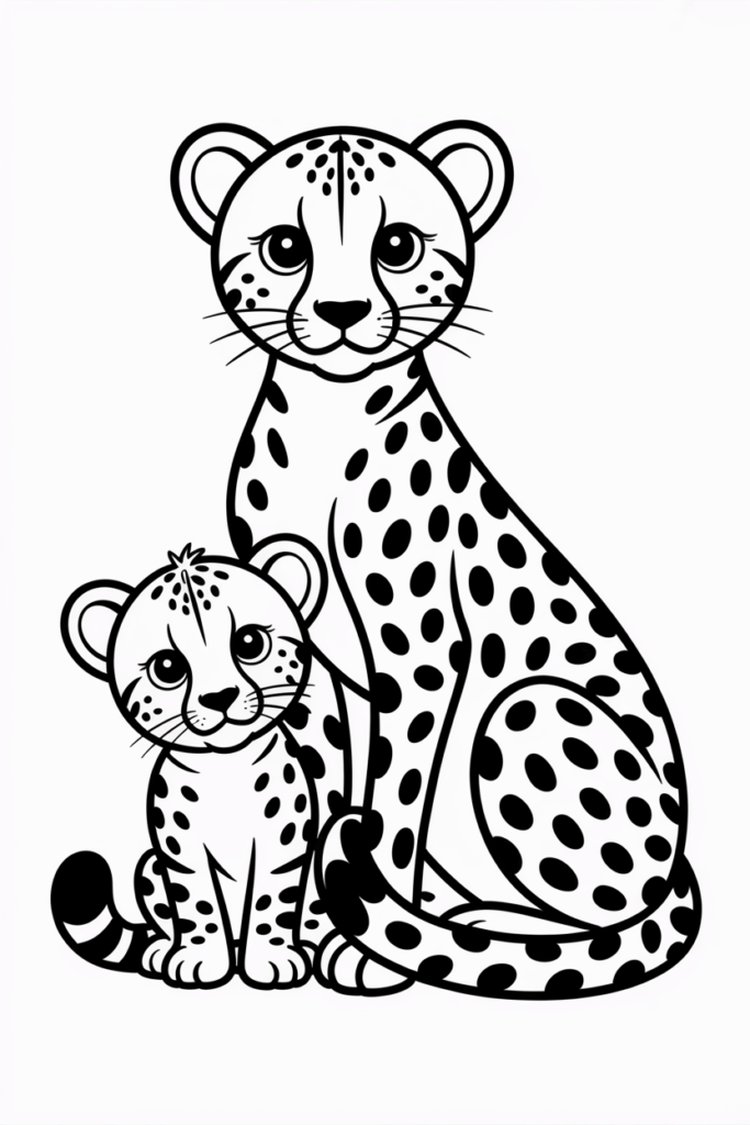 Cheetah mother and baby sitting together, educational coloring page about wild animals.