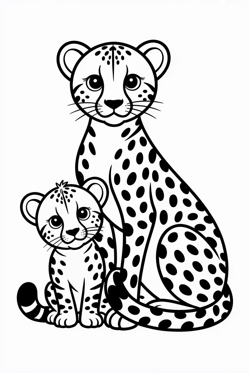 Cheetah mother and baby sitting together, educational coloring page about wild animals.