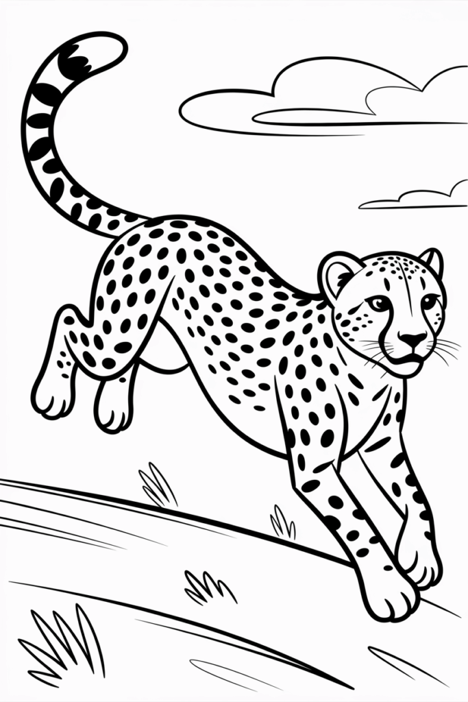 Running cheetah in the wild, energetic and fun coloring page for kids.