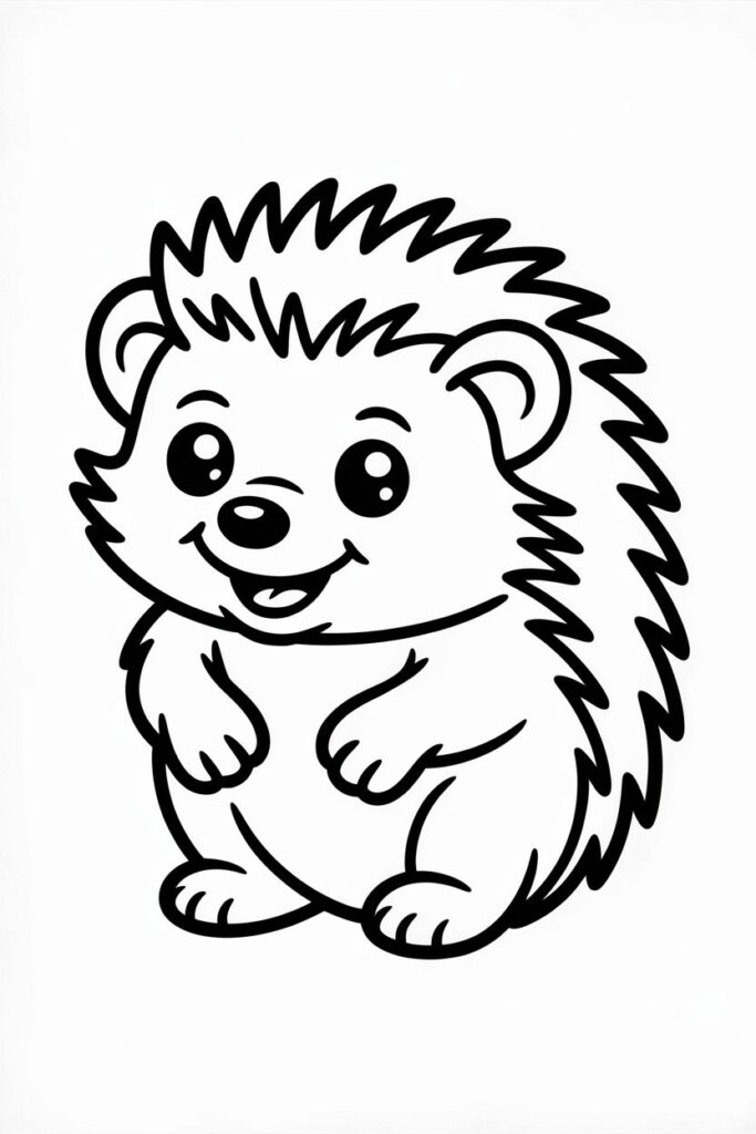 Cute baby hedgehog coloring page with clean outlines and big eyes, easy for kids to color.