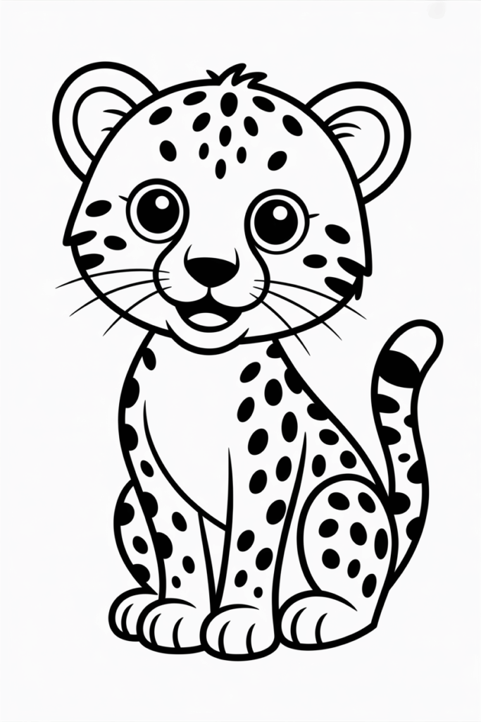 Baby cheetah sitting and smiling, simple line art coloring page for children.