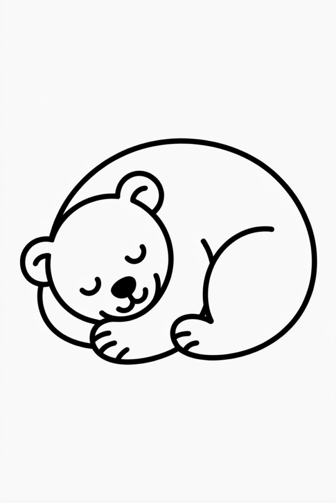 Adorable bear resting illustration for children to color.