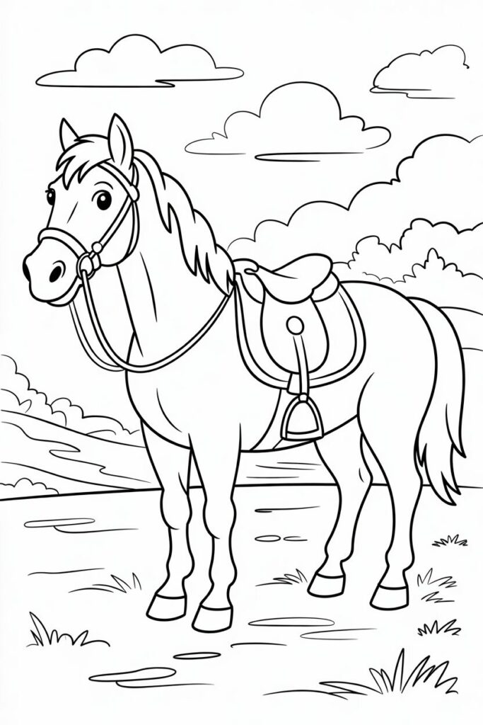 Horse with Saddle in the Countryside